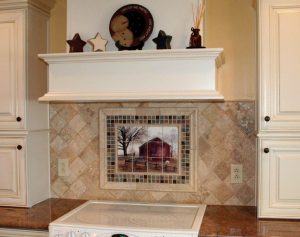 Americana painting transferred onto marble tiles to create tile mural for kitchen backsplash