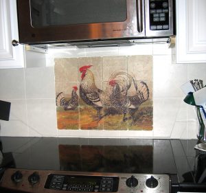 Rooster Painting on marble tiles kitchen backsplash