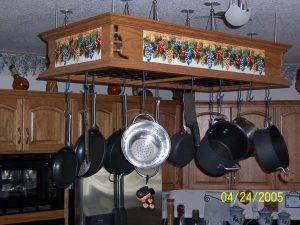 Fruit painting transferred onto Ceramic tiles for kitchen pot rack border