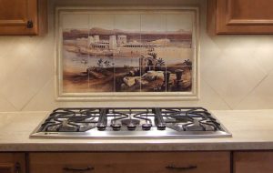 Painting transferred onto ceramic tiles for a kitchen backsplash