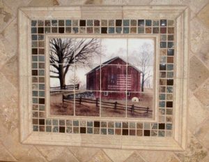 Americana art transferred onto marble tiles for kitchen