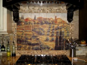 Tuscan backsplash transferred onto marble tiles to create tile backsplash