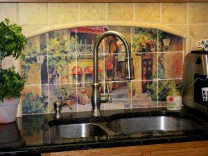 Italian Street Painting transferred onto marble for kitchen backsplash