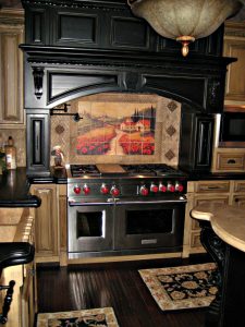 Tuscan painting transferred onto ceramic tiles for kitchen backsplash