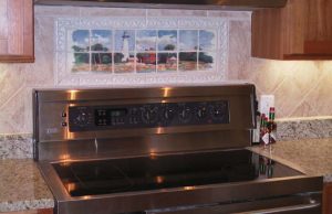 Lighthouse painting transferred onto marble tiles for kitchen