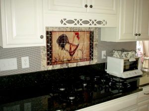 Rooster painting transferred onto marble tiles for backsplash