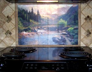 Mountain View transferred onto marble for kitchen backsplash