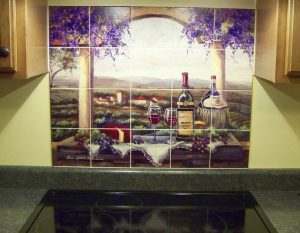 Amalfi painting transferred onto marble tiles to create tile mural for kitchen backsplash