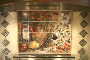 Wine Art transferred onto Marble tiles for a kitchen backsplash