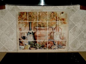 Wine art painting transferred onto ceramic tiles to create tile mural for kitchen backsplash