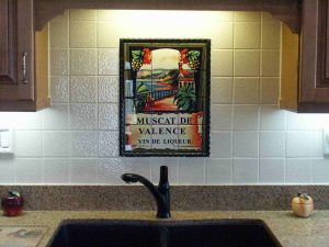 Wine label transferred onto ceramic tiles to create tile mural for kitchen backsplash