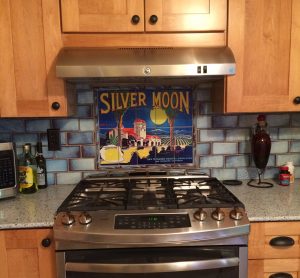 Fruitcrate label Painting on ceramic tiles kitchen backsplash