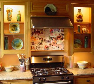 Collage of memorabilia of Baltimore in Kitchen backsplash