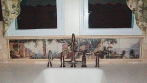 Tuscan painting transferred onto marble tiles for kitchen backsplash