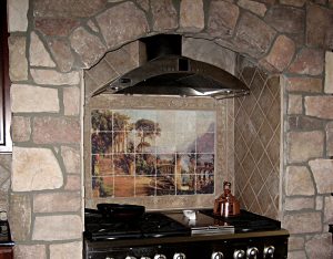 Lake Como Painting by Aagard transferred onto marble for kitchen backsplash