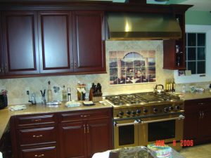 Tuscan painting transferred onto ceramic tiles for kitchen backsplash