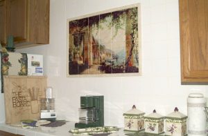 Amalfi backsplash transferred onto marble tiles to create tile backsplash