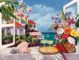 Tropical paintings transferred onto tiles to create rile murals