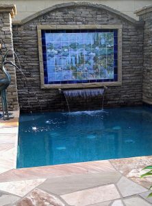 Waterlilies by Monet artwork transferred onto tiles for an outdoor Wall.. Water feature