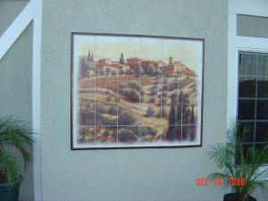 Tuscan artwork transferred onto tiles for an outdoor Wall
