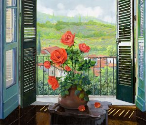 Flowers in window Still Life Paintings transferred onto tiles