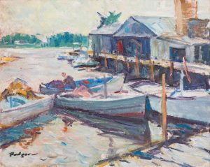 Boatyard painting transferred onto tiles to create rile murals