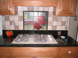 Wine labels transferred onto marble for kitchen backsplash